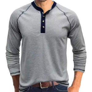 Men's retro heavyweight cotton grey long-sleeved Henley shirt with navy trim