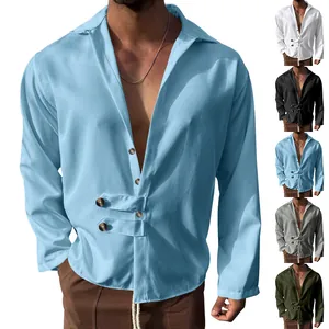 Chemise décontractée à manches longues pour hommes avec col à revers et boutons bleus