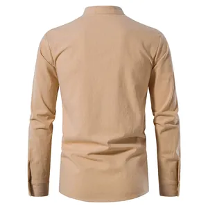 Rear view of tan long-sleeved cotton linen shirt with mandarin collar