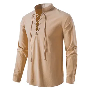 Detail of men's beige cotton linen Henley shirt with lace-up stand collar