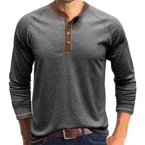 Men's vintage charcoal grey long sleeve Henley shirt with brown contrast collar detail