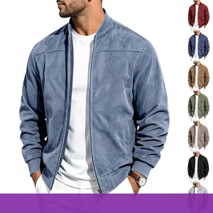 Blouson Bomber en Daim Synthétique pour Homme Couleur Unie Col Montant Zippé Avec Poignets Nervurés Veste Mi-Longue