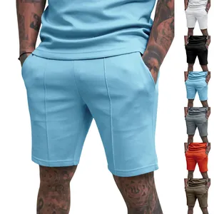 Men Casual Athletic Shorts Solid Color Pintuck Seam Pocket Cotton Blend Summer Gym Fitness Daily Wear Bottom
