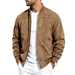 Blouson aviateur décontracté pour hommes en faux daim marron avec fermeture éclair et col