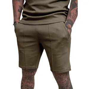 High quality men's olive green casual fitness shorts with decorative vertical seams