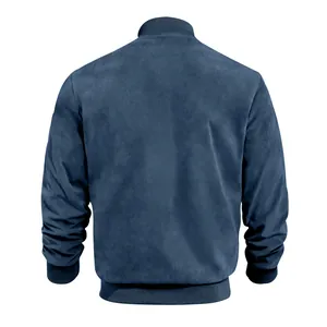 Back view of a classic blue faux suede bomber jacket for men with ribbed cuffs and hem