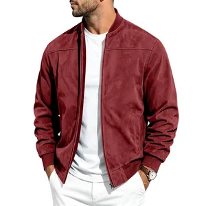 Blouson aviateur homme élégant en daim bordeaux avec fermeture éclair et bords-côtes