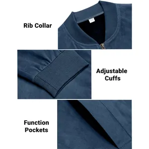 Close-up details of men's suede jacket showing rib collar, cuffs, and function pockets