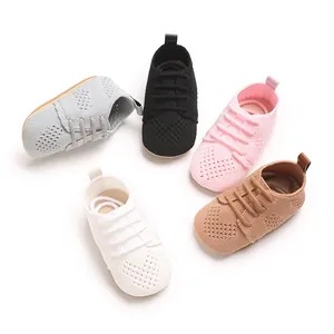 Detailed view of lightweight knit hollow-out toddler shoes in five diverse colors.