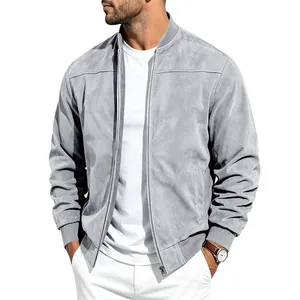 Blouson aviateur classique en daim gris pour homme avec fermeture éclair et col montant