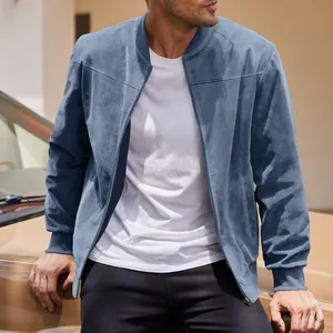 Close-up of premium blue faux suede bomber jacket showing soft texture and tailored fit.