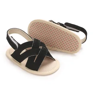 Vista detallada de sandalias negras para bebé con suelas blandas antideslizantes y velcro.