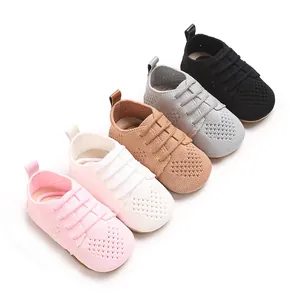 Soft-soled breathable knitted baby shoes with decorative laces in multiple colors