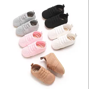 Close-up of breathable knit hollow baby flat shoes available in multiple colors