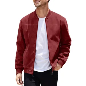 Close-up of a burgundy suede bomber jacket for men, casual vintage long-sleeved outerwear
