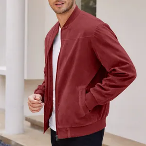 Detail of men's burgundy faux suede jacket featuring rib-knit cuffs and zipper