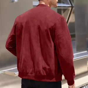 Back view of a men's burgundy suede bomber jacket in a retro casual style