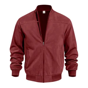 Detailed front view of a premium men's burgundy suede bomber jacket with metal zipper