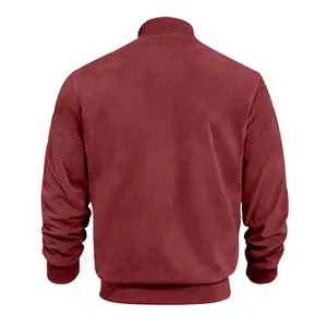 Back view of premium burgundy suede bomber jacket with ribbed cuffs and hem