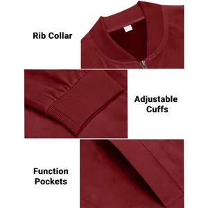 Detail view of burgundy suede jacket showing ribbed collar, cuffs, and side pockets