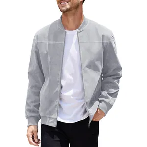 Front view of men's gray suede bomber jacket with smooth zipper and ribbed cuffs