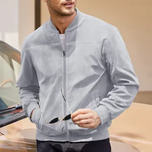 Close-up of light grey men's suede jacket with retro zipper and ribbed cuff detail