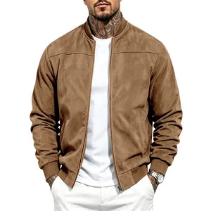 Men's casual brown suede bomber jacket with stand collar and front zipper closure