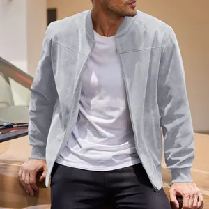 Light gray suede bomber jacket for men featuring a casual zip-up design and ribbed cuffs