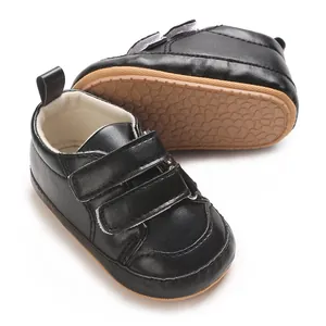 Schwarze Baby-Lauflernschuhe aus PU-Leder mit Klettverschluss und weicher Gummisohle