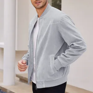 Detail view of light grey faux suede bomber jacket with ribbed cuffs on model