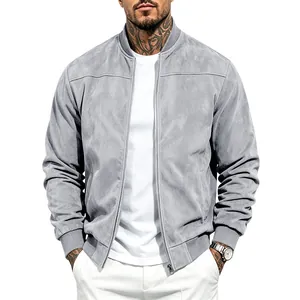 Casual men's grey suede bomber jacket with full-zip front and stand-up collar