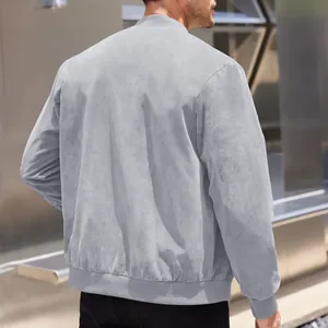 Macro back view detail showing the premium suede texture of a light grey men's bomber jacket