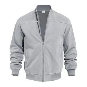 Detailed view of gray suede men's bomber jacket with front zipper and ribbed cuffs