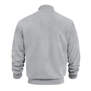 Full back view of a men's light gray suede bomber jacket with ribbed cuffs and hem