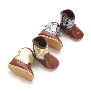 Detailed macro view of printed PU infant winter boots featuring soft anti-slip rubber soles