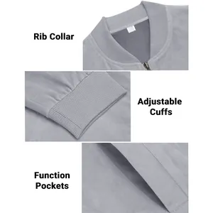 Close-up details of ribbed collar, cuffs and functional pockets on a grey suede jacket