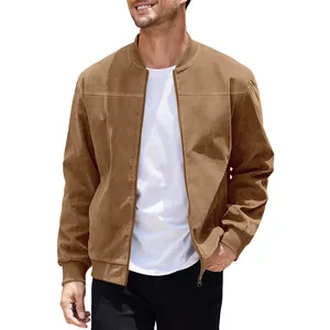 High-quality men's brown suede bomber jacket featuring a front zipper and ribbed cuffs