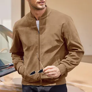 Detail view of brown suede bomber jacket with front zipper and ribbed cuffs