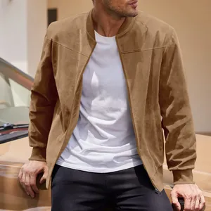 Close-up view of a brown faux suede bomber jacket for men showing fabric texture and zipper