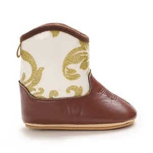 Stylish baby winter short boots with soft anti-slip sole and golden glitter pattern