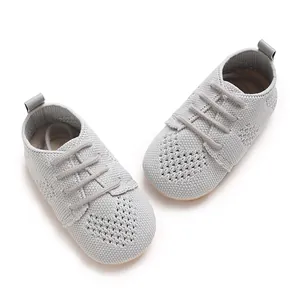 Detailed view of grey breathable knit mesh baby walking shoes for infants