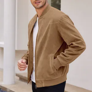 Side view of classic brown suede bomber jacket for men showing fabric texture
