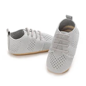 Detail view of light gray breathable mesh pre-walker baby shoes for infants 0-1 years