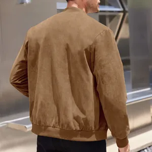 Back view of a classic brown suede men's bomber jacket with ribbed cuffs and hem.