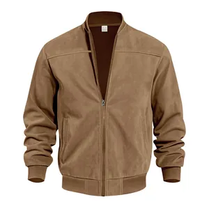 Detail of men's vintage brown suede jacket with full front zipper and ribbed trim