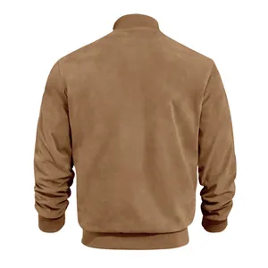 Back view of men's vintage brown suede bomber jacket with ribbed hem and cuffs