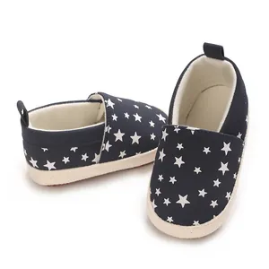Dettaglio di scarpe primi passi blu scuro per neonati con motivi a stella bianca.