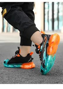 Boys mesh breathable sneakers with colorful gradient soft sole and quick dial laces