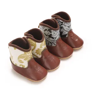 Baby Girls Winter Western Cowboy Short Boots Retro Floral Embroidery Soft Sole Anti-Slip Warm Faux Fur Lining Prewalker Crib Shoes