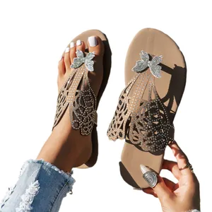 Elegantes sandalias de dedo planas para mujer con decoración de mariposa de strass